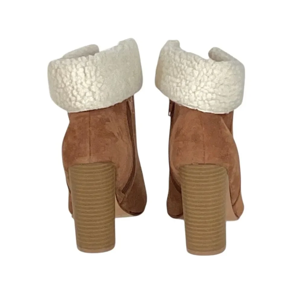 Yoki Shona Womens Brown Faux Suede Sherpa Trim Block Heel Ankle Boots Size 8
